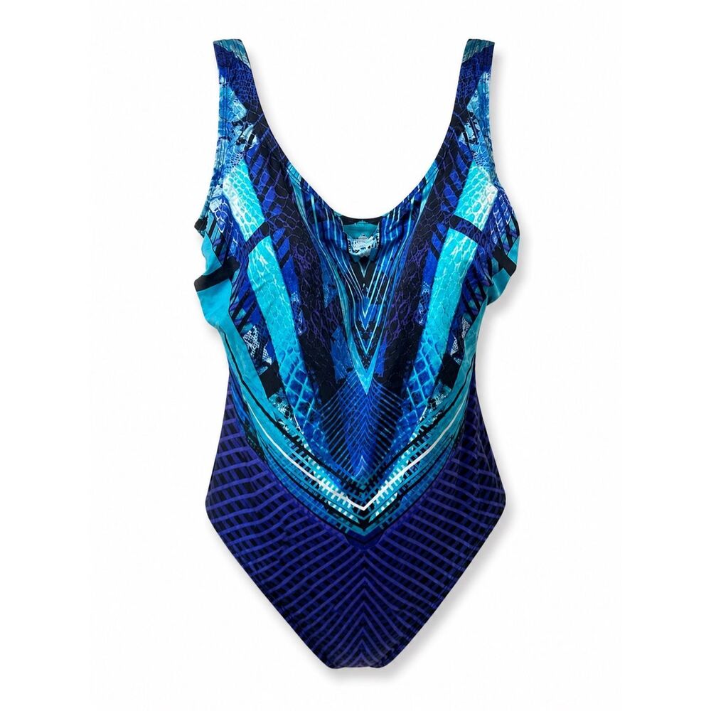 Longitude Blue Geometric Tummy Control One Piece Swimsuit 22W